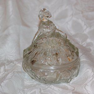 Vintage Glass Powder Jar Figural Woman Clear Glass